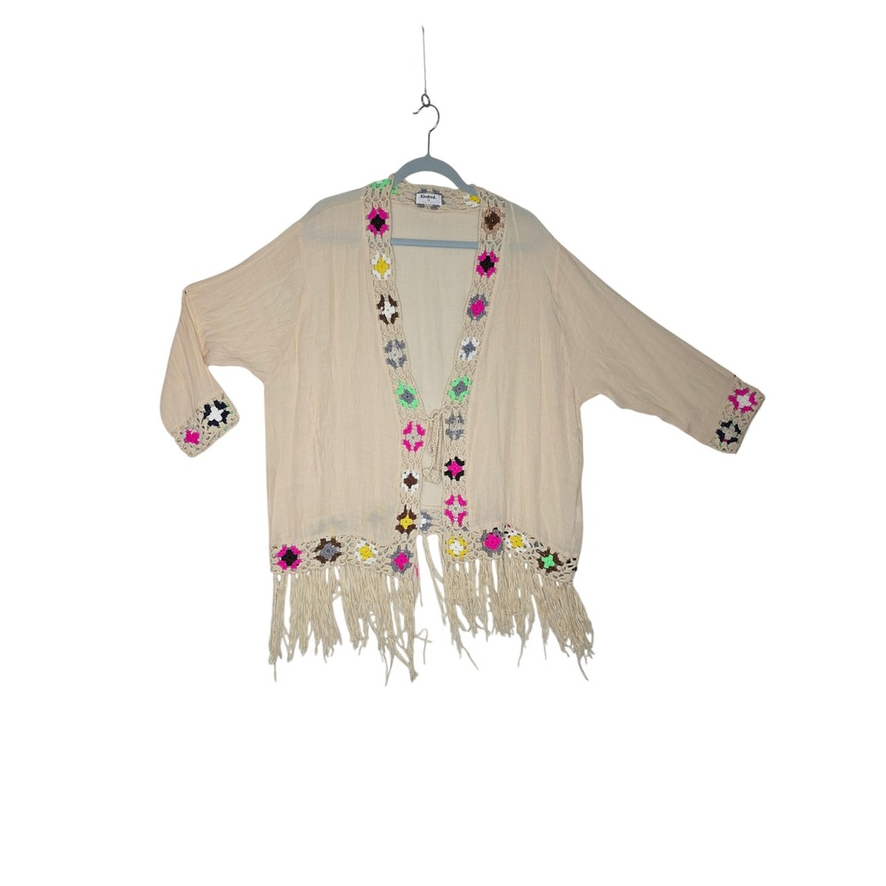 Kindred NWOT Crochet Granny Square Fringe Kimono Cardigan Cream 
Multi-Color 2X